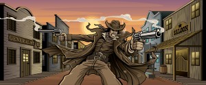 Cowboy in the Wild West shooting two guns