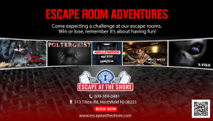 Atlantic City Activies. Escape At The Shore company promotional banner with QR code on how to book an escape room